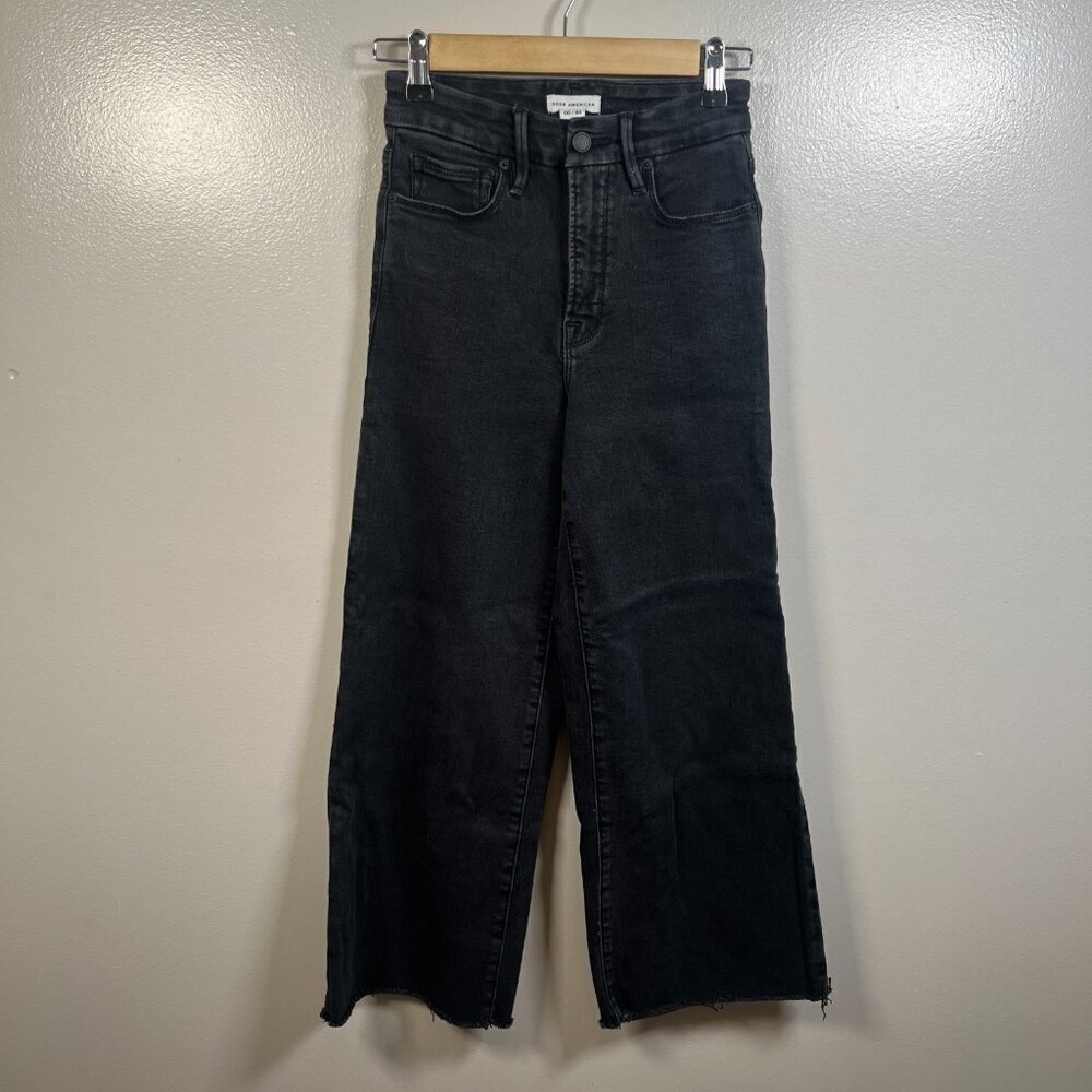 Good American Good Waist Palazzo Wide Leg Crop Jeans Size 00/24 Black Denim